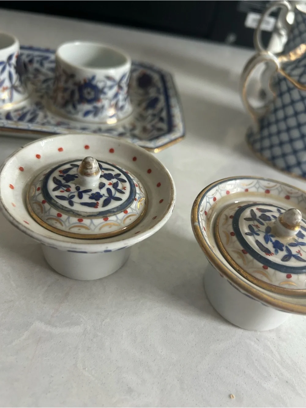 Blue Floral Porcelain Inkwell Set with Tray - Elegant Home Accent